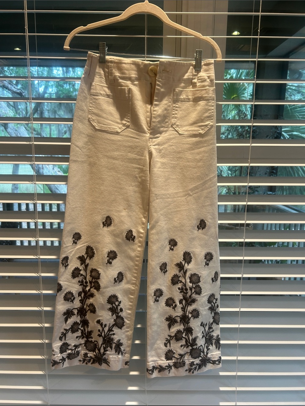 Anthropologie Cream Wide-Leg Jeans with Black Floral Embroidery